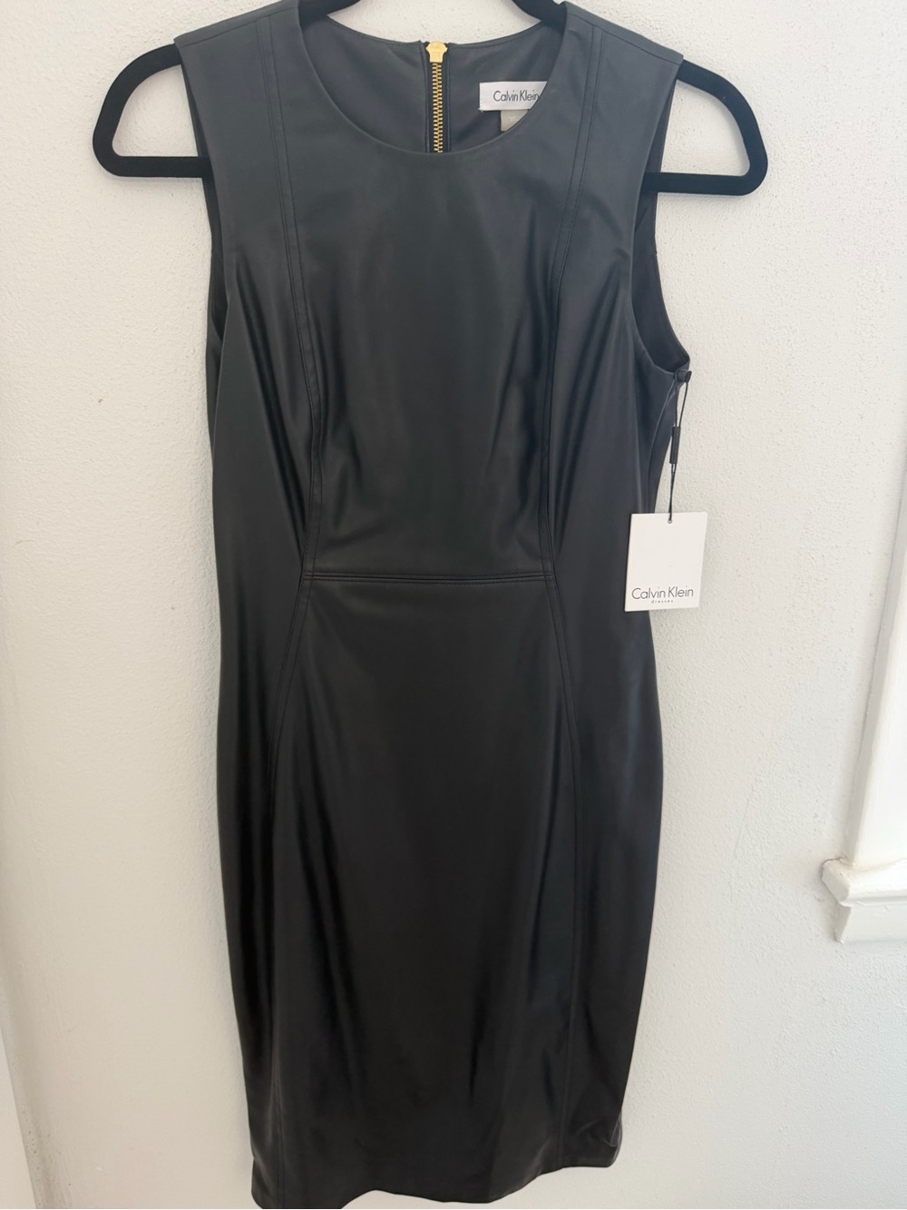 Calvin Klein Black Faux-Leather Sheath Dress with Gold Zip